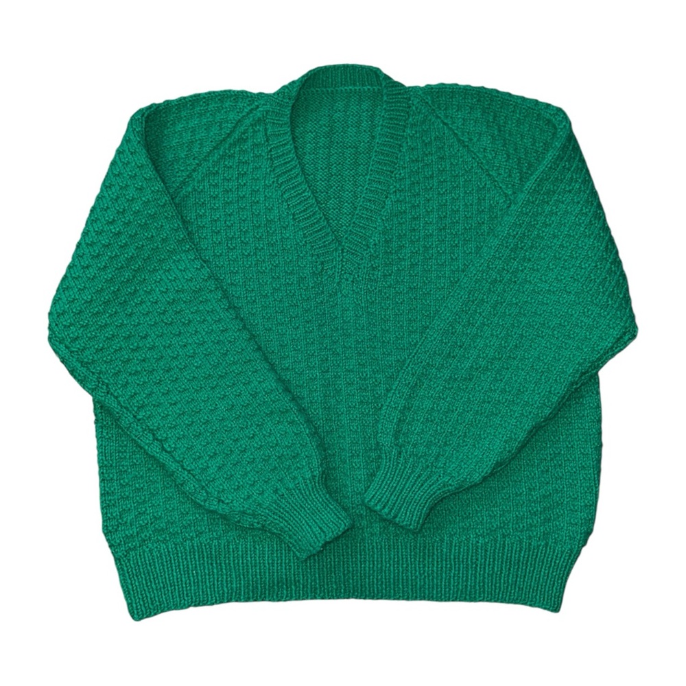 HAND KNIT Wool Emerald Green Textured V-Neck Sweater